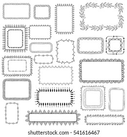 Set of black frames. Hand drawn ink borders. Vector illustration. Isolated