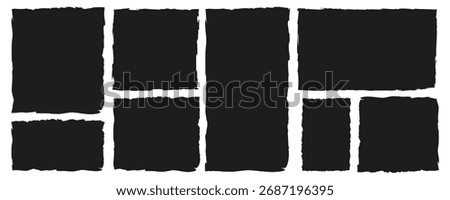 Set of black frames made of torn paper with jagged edges. Rectangles and torn silhouettes for collage, sticker, banner, label, text box. Grunge vector elements isolated on white background