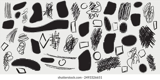 set with black frames for text, doodles, squiggles with trendy halftone effect in psychedelic retro style. Vector illustration