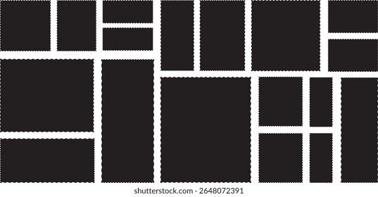 Set of black frames with zigzag edge, scallop edge shapes. Rectangular jagged curved box element..vector	