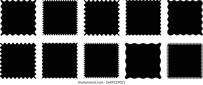 Set of black frames with zigzag edge, scallop edge shapes. Rectangular jagged curved box element..vector	