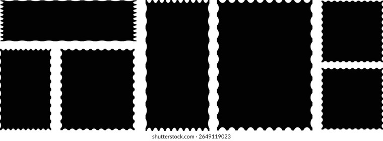 Set of black frames with zigzag edge, scallop edge shapes. Rectangular jagged curved box element..vector	