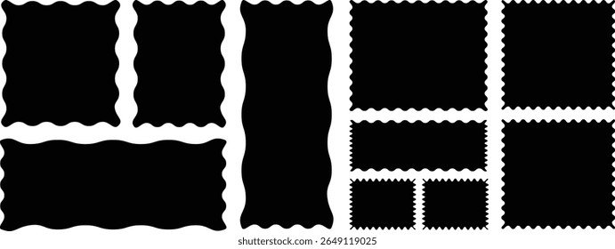 Set of black frames with zigzag edge, scallop edge shapes. Rectangular jagged curved box element..vector	