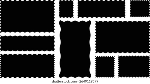 Set of black frames with zigzag edge, scallop edge shapes. Rectangular jagged curved box element..vector	