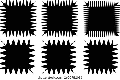 Set of black frames with zigzag edge, scallop edge shapes. Rectangular jagged curved box element..vector	