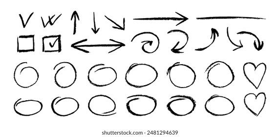 Set von schwarzen Freihand-Design-Element durch Kreide auf weißem Hintergrund gezeichnet. Kollektion von Grunge-Pfeilen und Ellipse der Vektorgrafik. Vektorgrafik Horizontale Kreide Elemente für Notizen