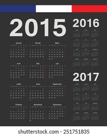 Set of black French 2015, 2016, 2017 year vector calendars. Week starts from Monday.