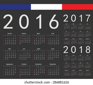 Set of black french 2016, 2017, 2018 year vector calendars. Week starts from Sunday.