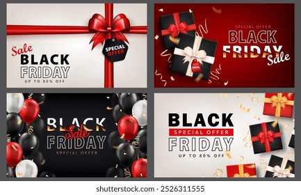 Conjunto de Anuncios de Black Friday con cajas de regalo 3D, cinta de lazo, etiquetas de Precio, globos brillantes y confeti dorado. Fondos de pantalla negros, rojos, blancos, tarjetas de las VENTAS con la publicidad del descuento para el acontecimiento de compras