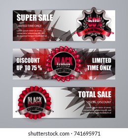 Set of Black friday banners, labels on abstract polygonal background for design, promotion, poster, flyer, web, card, invitation. Holiday sticker, badge with discount, super sale. Illustration EPS 10