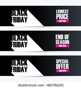 Set of Black Friday banners with long shadow for business, promotion and advertising. Lowest price, end of season, special offer. Vector illustration.