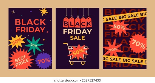 Conjunto de banners Black Friday ou modelos de cartazes para promover a venda e desconto durante o evento de compras. Ilustração vetorial