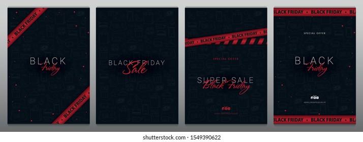 Set of Black Friday banners with red ribbons. Season of Sale