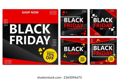 eine Reihe von schwarzen frischen Bannern mit roten und schwarzen geometrischen Formen. Ideal für Verkaufsförderung und Rabatte während der Black Friday Shopping-Veranstaltung.