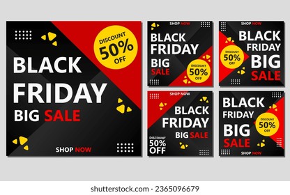 a set of black friday banners with red and black geometric shapes. Ideal for promoting sales and discounts during the Black Friday shopping event.