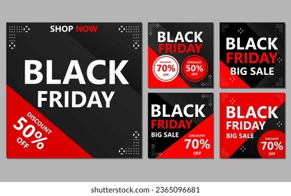 a set of black friday banners with red and black geometric shapes. Ideal for promoting sales and discounts during the Black Friday shopping event.