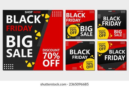 un conjunto de banners negros de viernes con formas geométricas rojas y negras. Ideal para promocionar ventas y descuentos durante el evento de compras del Black Friday.