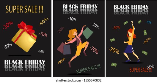 Set of black friday banners  in retro styles. Flyers with gifts ,sales and girls