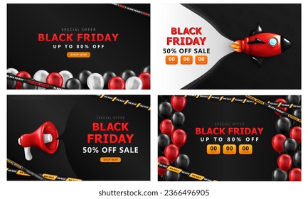 Set von Black Friday Bannern mit Verkauf Werbung, 3D-glänzende Ballons, Raumschiff und überquerende Barriere-Bänder. Werbeplakate, dunkle Bildschirmhintergründe mit Rabattinformationen und Schaltfläche "Jetzt kaufen"