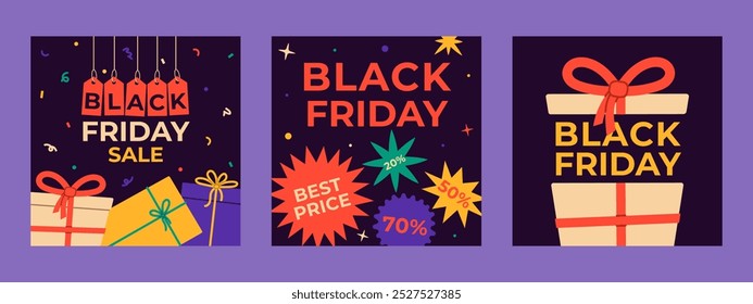 Conjunto de modelos de banners Black Friday para promover venda e desconto durante o evento de compras. Ilustração vetorial