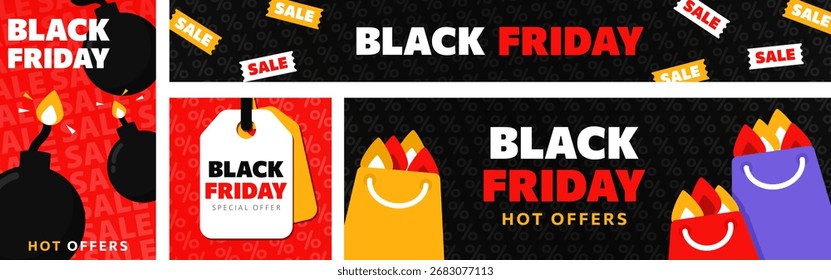Set of Black Friday banners various formats with cartoon flat vector illustration: shopping bags with flame, price tag, sale coupons or tickets, explosive bomb. Special discount offer wallpaper, flyer