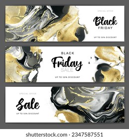 Set of Black friday big sale banners with Alcohol ink texture. Marble black and gold artistic background