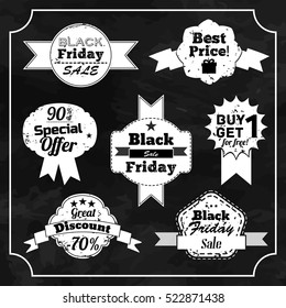 Set of black friday chalkboard badges with ribbon and typography text on black background useful for sales promotion and advertising vector illustration 