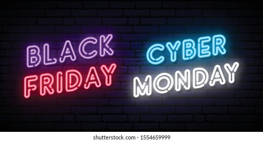 Set of Black Friday and Cyber Monday neon designs. Concept vector template for promo and discount advertising. Web and social media banner.