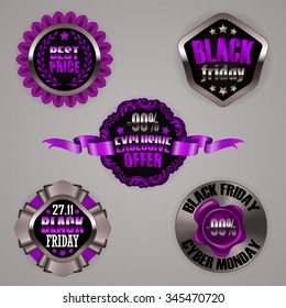 Set of black friday, cyber monday labels with ribbons, laurel wreaths, wax stamp for design, marketing, promotion, poster, flyer, web. Tags, stickers, top, best price, - 90 % off. Illustration EPS 10.