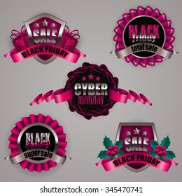 Set of black friday, cyber monday labels with ribbons, holly berries, gift boxes, patterns for design, marketing, promotion, poster, flyer, web. Tags, stickers, total, super sale. Illustration EPS 10.