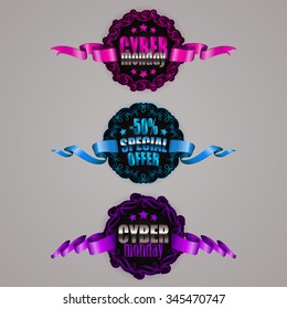 Set of black friday, cyber monday labels with ribbon, ornate pattern, curve, scroll for design, marketing, promotion, poster, flyer, web. Tags, stickers, special offer, - 50 % off. Illustration EPS 10