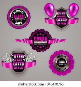 Set of black friday, cyber monday labels with ribbons, bow, balloons, snowflakes for design, marketing, promotion, poster, flyer, web. Tags, stickers, top, best offer, - 90 % off. Illustration EPS 10.