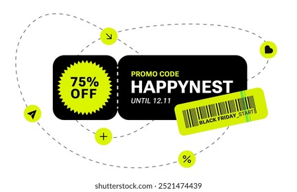 Conjunto de Black Friday cupom de desconto com código promocional. Etiqueta de venda, etiqueta de geometria. Formas simples. banner, mídia social. Retro oferta especial estilo trendy Brutalist. Promoção Futurista de Publicidade