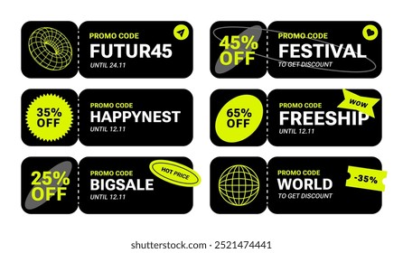 Set of Black Friday discount coupons with promo code. Sale label tag. Abstract Geometry Simple shapes. Poster, banner, social media. Retro special offer Y2k trendy style. Advertising Futuristic Promo