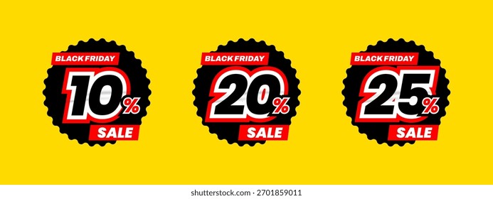 Conjunto de Ilustración vectorial de etiqueta de descuento de viernes negro, Anuncio de venta para promocional 10% de descuento, 20% de descuento, 25% de descuento elemento de diseño de etiqueta de oferta especial