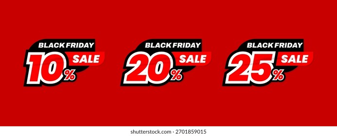 Conjunto de Ilustración vectorial de etiqueta de descuento de viernes negro, Anuncio de venta para promocional 10% de descuento, 20% de descuento, 25% de descuento elemento de diseño de etiqueta de oferta especial