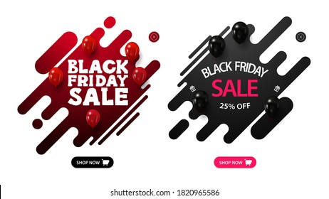 Set von Black Friday Discount Pop-Ups mit flüssigen Formen, Ballons und Knöpfen. rote und schwarze Flüssig-Diskontbanner einzeln auf weißem Hintergrund