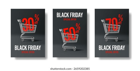 Conjunto de cartazes de desconto Black Friday. Carrinho de compras 3D para mercadorias com porcentagens e descontos 30, 50, 70 por cento. Descontos em bens e serviços. Ilustração vetorial.
