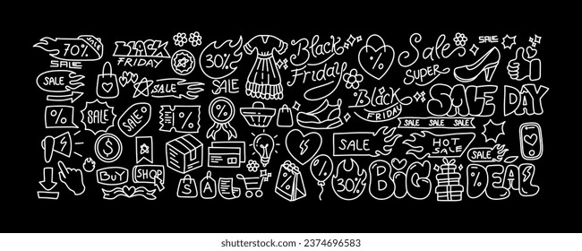 Juego de arte vectorial de dibujos vectores de dibujos vectoriales de dibujos a mano de dibujos animados de compras objetos de doodle, símbolos y objetos.