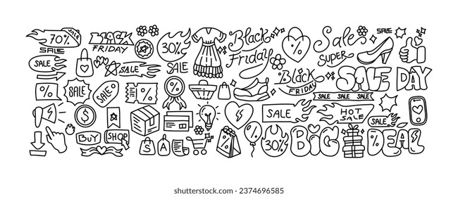 Set of Black Friday Doodle Icon Vector Art. Line art vector hand drawn set of Shopping cartoon doodle objects, symbols and items.