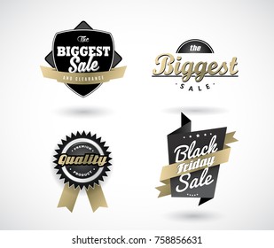 Set of Black Friday hand made simple labels with golden ribbon.