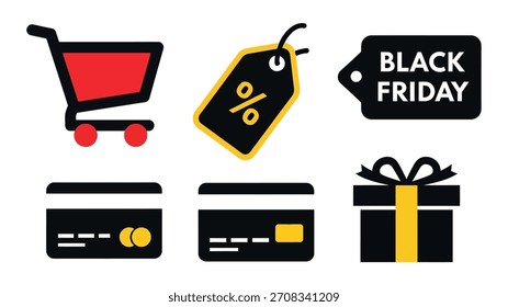 Un conjunto de íconos del Black Friday que incluyen un Carrito de compras, una etiqueta de Precio, tarjetas de crédito y una caja de regalo, que simbolizan las compras y las ofertas.
