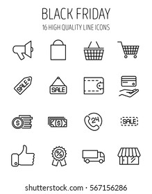 Set of black friday icons in modern thin line style. High quality black outline shopping symbols for web site design and mobile apps. Simple commerce pictograms on a white background.