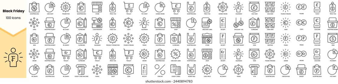 Conjunto de iconos de viernes negro. Paquete de iconos de estilo de arte de línea simple. Ilustración de vector