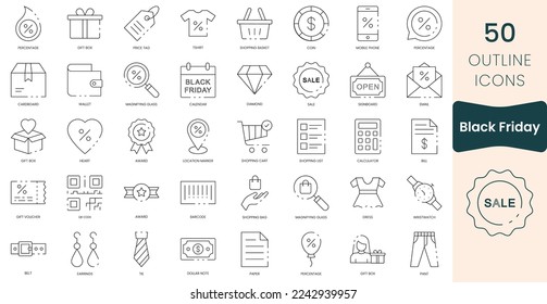 Set von schwarzen Freitag-Symbolen. Paket mit den Symbolen der dünnen Umrisse. Vektorgrafik