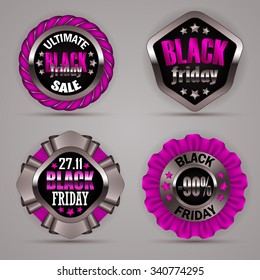 Set of black friday labels with ribbons, bow, rope for design, marketing, promotion, poster, flyer, web. Holiday price tag, sticker with discount, ultimate sale, top offer, -90 off. Illustration EPS10