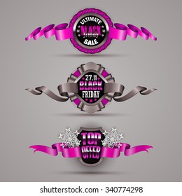 Set of black friday labels with ribbons, rope, snowflakes for design, marketing, promotion, poster, flyer, web. Holiday price tag, sticker with discount, ultimate sale, top offer. Illustration EPS10.