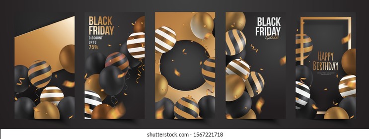 Set of black friday, new year, birthday theme social media stories post design, 3d realistic black and gold balloon and ribbon confetti banner cover frame template vector