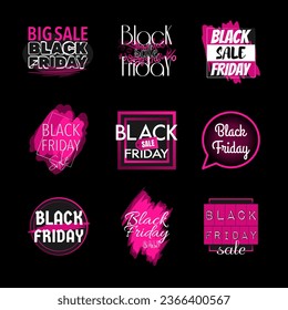 Conjunto de iconos de etiquetas de precio rosadas de Black Friday con signos