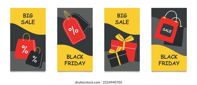 Set of Black Friday posters. Black Friday stories. Sale and shopping concept.